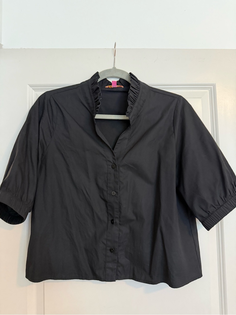THML Black Ruffled Collar Short-Sleeve Shirt